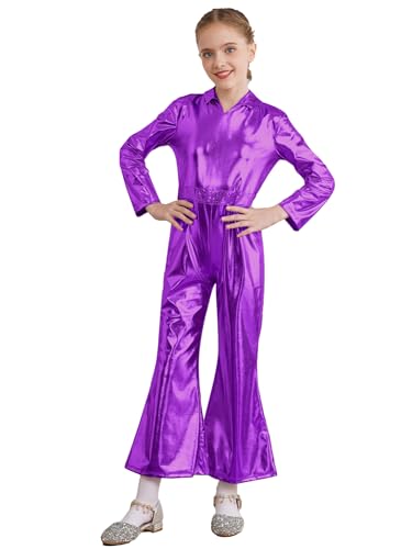 iEFiEL Mädchen Disco Kostüm 70er Jahre Overall Halloween Ganzanzug Lang Jumpsuit Ganzkörper Body Karneval Fasching Tanzkostüm Violett 158-164 von iEFiEL