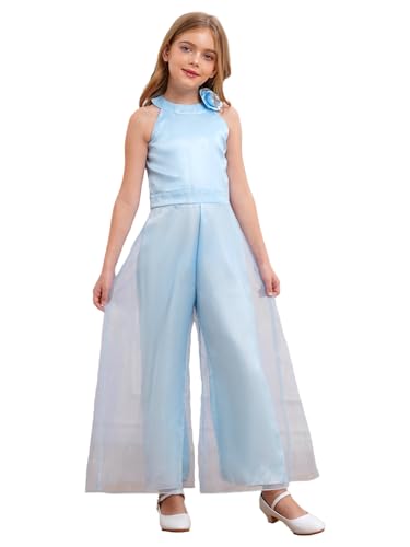 iEFiEL Mädchen Festliches Kleid Tüll Armellos Jumpsuit Partykleid Sommer Hosenanzug Kinder Hochzeit Gerburtstagskleid Cocktail Kleid Performance Tanz Kostüm Hellblau 122-128 von iEFiEL