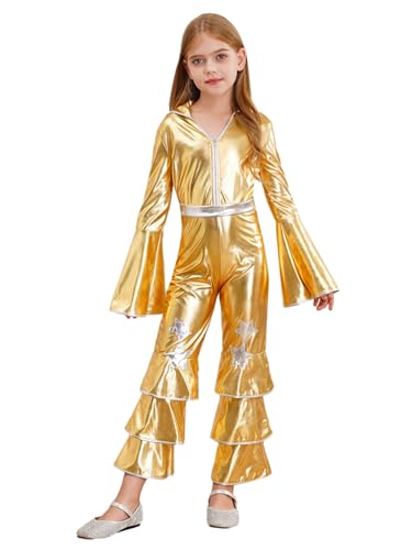 iEFiEL Mädchen Metallic Overall Rüschen Jumpsuit Disco Kostüm Langarn Ganzanzug 70er Tanzbody Halloween Party Tanzbekleidung Gold 134-140 von iEFiEL