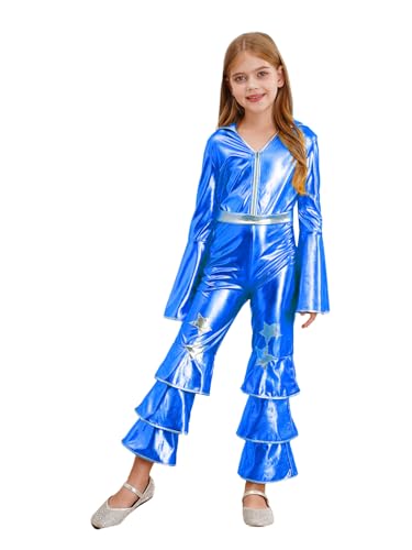 iEFiEL Mädchen Metallic Overall Rüschen Jumpsuit Disco Kostüm Langarn Ganzanzug 70er Tanzbody Halloween Party Tanzbekleidung Königsblau 122-128 von iEFiEL