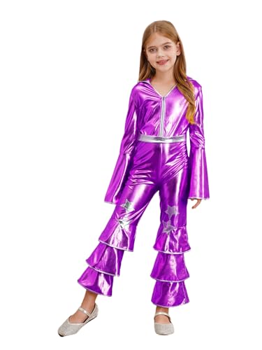 iEFiEL Mädchen Metallic Overall Rüschen Jumpsuit Disco Kostüm Langarn Ganzanzug 70er Tanzbody Halloween Party Tanzbekleidung Violett 170-176 von iEFiEL