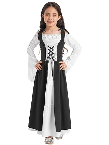iEFiEL Mädchen Mittelalter Kostüm mit Schnürung Renaissance Kleidung Kinder Dirndl Trachtenkleid für Oktoberfest Halloween Fasching Kostüme Verkleidung Schwarz 122-128 von iEFiEL