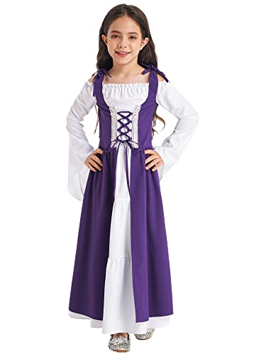 iEFiEL Mädchen Mittelalter Kostüm Renaissance Kleidung Kinder Dirndl Trachtenkleid für Oktoberfest Halloween Fasching Kostüme Verkleidung Violett 110-116 von iEFiEL