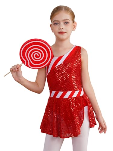 iEFiEL Mädchen Weihnachtskleid Ärmellose Minikleid Glitzer Tanzkleid Weihnachten Tanzanzug Zuckerstangen Kinderkostüm Rot 110-116 von iEFiEL