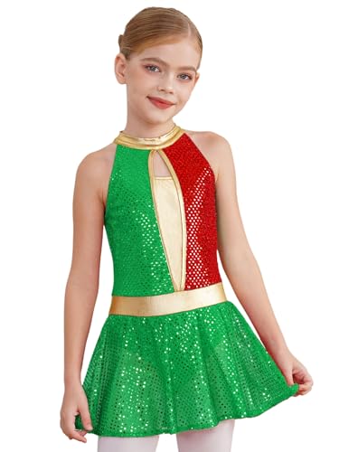 iEFiEL Mädchen Weihnachtskostüm Ärmellose Minikleid Festlich Tütü Tanzkleid Glitzer Ballettkleid Ballettanzug Weihnachtskleid Grün 134-140 von iEFiEL