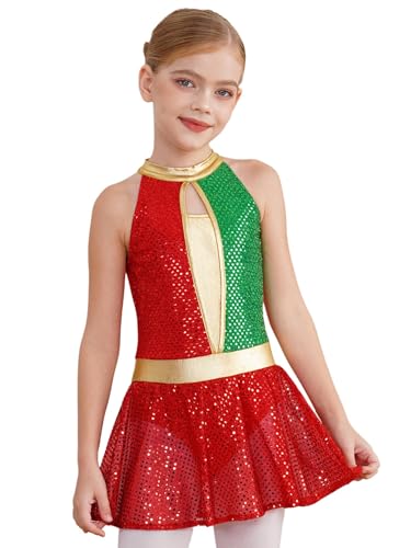 iEFiEL Mädchen Weihnachtskostüm Ärmellose Minikleid Festlich Tütü Tanzkleid Glitzer Ballettkleid Ballettanzug Weihnachtskleid Rot 110-116 von iEFiEL