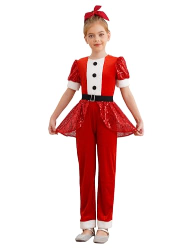 iEFiEL Mädchen Weihnachtskostüm Kurzarm Jumpsuit Festlich Turnanzug Glitzer Gymnastikanzug Weihnachten Tanzanzug Rot 110-116 von iEFiEL