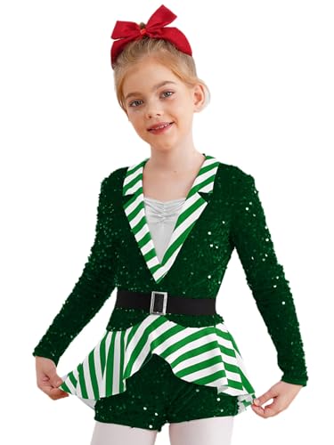 iEFiEL Mädchen Weihnachtskostüm Langarm Weihnachten Tanzanzug Einteiler Tanzkostüm Glitzer Tanzbody Streifen Jumpsuit Grün 146-152 von iEFiEL