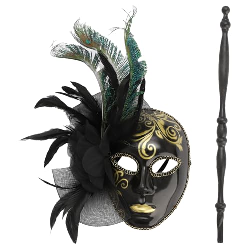 iEFiEL Masquerade Maske mit Stab Feder Mesh Dekoriert Venezianische Maske Punk Gesichtsmaske Karneval Maskerade Performance Schwarz One Size von iEFiEL