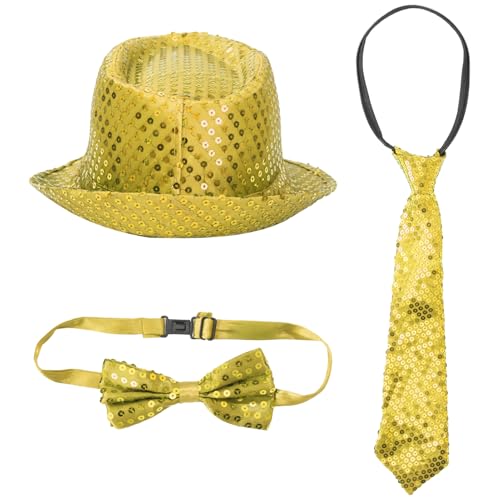 iEFiEL Pailletten Jazz Kostüm Zubehör Glänzende Hut mit Pailletten Fliege Krawatte Set Disco Fedora Hut Schlips Cosplay Bühnenperformance Gold One Size von iEFiEL