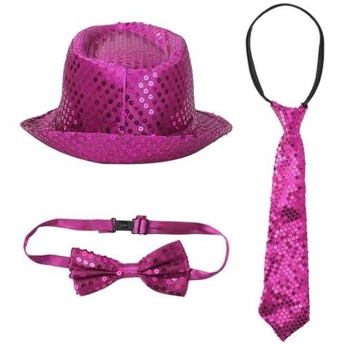 iEFiEL Pailletten Jazz Kostüm Zubehör Glänzende Hut mit Pailletten Fliege Krawatte Set Disco Fedora Hut Schlips Cosplay Bühnenperformance Hot Pink One Size von iEFiEL