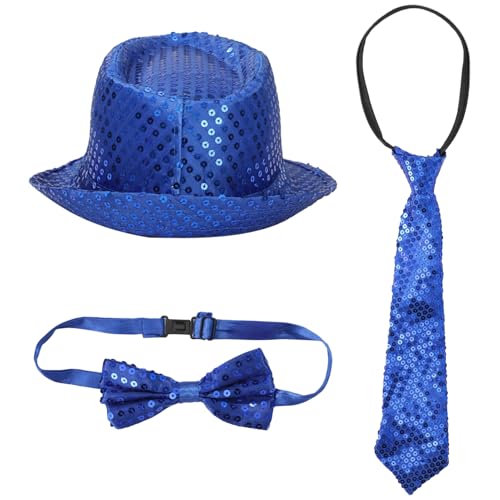 iEFiEL Pailletten Jazz Kostüm Zubehör Glänzende Hut mit Pailletten Fliege Krawatte Set Disco Fedora Hut Schlips Cosplay Bühnenperformance Königsblau One Size von iEFiEL