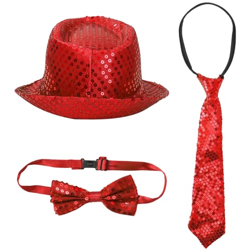 iEFiEL Pailletten Jazz Kostüm Zubehör Glänzende Hut mit Pailletten Fliege Krawatte Set Disco Fedora Hut Schlips Cosplay Bühnenperformance Rot One Size von iEFiEL