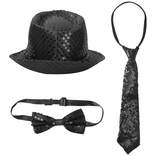 iEFiEL Pailletten Jazz Kostüm Zubehör Glänzende Hut mit Pailletten Fliege Krawatte Set Disco Fedora Hut Schlips Cosplay Bühnenperformance Schwarz One Size von iEFiEL