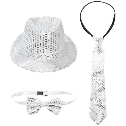 iEFiEL Pailletten Jazz Kostüm Zubehör Glänzende Hut mit Pailletten Fliege Krawatte Set Disco Fedora Hut Schlips Cosplay Bühnenperformance Weiß One Size von iEFiEL