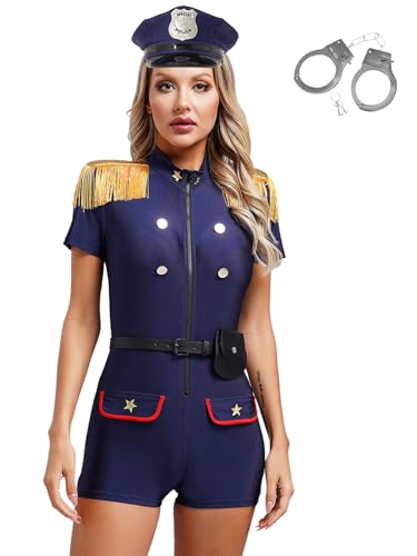 iEFiEL Polizistin Uniform Damen Polizei Kostüm Cosplay Cop Body Halloween Faschingskostüm mit Polizeihut Handschellen Navy blau 3XL von iEFiEL