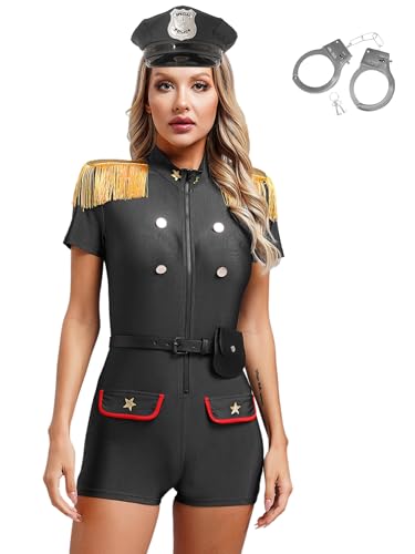 iEFiEL Polizistin Uniform Damen Polizei Kostüm Cosplay Cop Body Halloween Faschingskostüm mit Polizeihut Handschellen Schwarz 3XL von iEFiEL