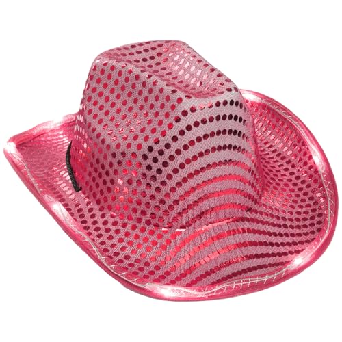 iEFiEL Unisex Glitzernde Cowboyhut mit LED Light Up Western Cowgirlhut Breiter Krempe Sonnenhut Kopfbedeckung Halloween Karneval Fasching Hot Pink Einheitsgröße von iEFiEL