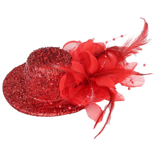 iEFiEL Vintage Fascinators Hut Kopfschmuck Mini Bowler Hut mit Haarclip Mini Top Hut Haarspange Karneval Halloween Maskerade Cosplay Zubehör Rot One Size von iEFiEL