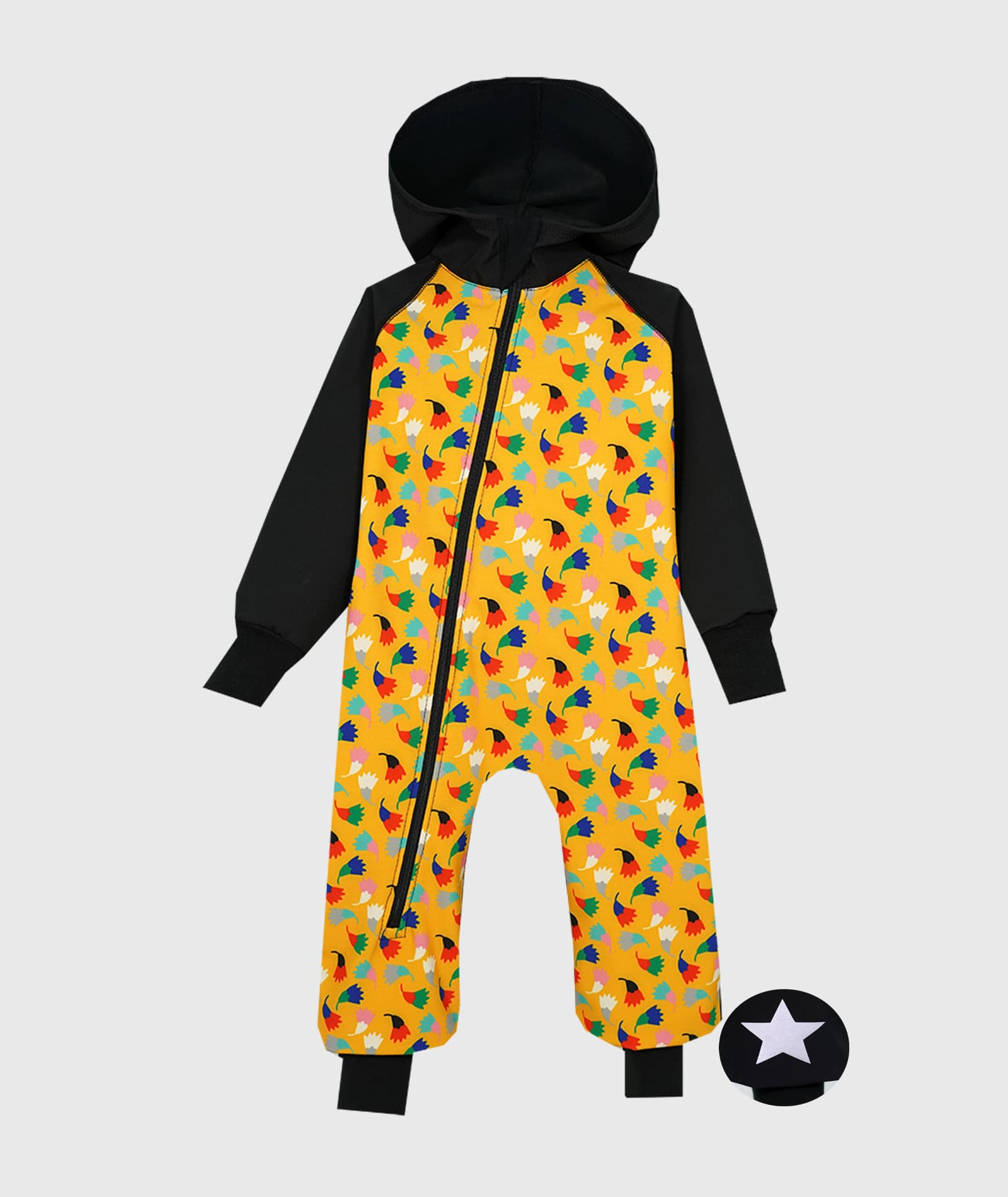 Waterproof Softshell Overall Comfy Black And Yellow Tulips Jumpsuit von iELM