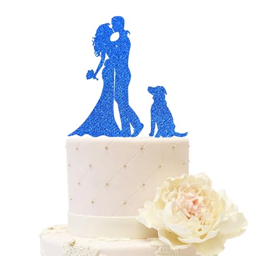 iEventStar Acryl Hochzeitstortenaufsatz für Braut und Bräutigam mit einem Hund Party Kuchen Dekoration (Paar mit 1 Hund, Glitzerblau) von iEventStar