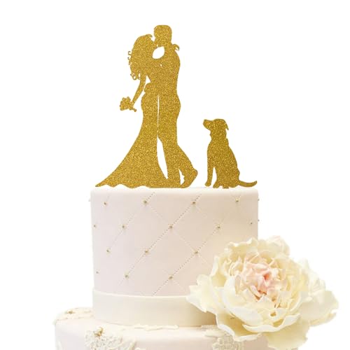 iEventStar Acryl Hochzeitstortenaufsatz für Braut und Bräutigam mit einem Hund Party Kuchen Dekoration (Paar mit 1 Hund, Glitzergold) von iEventStar