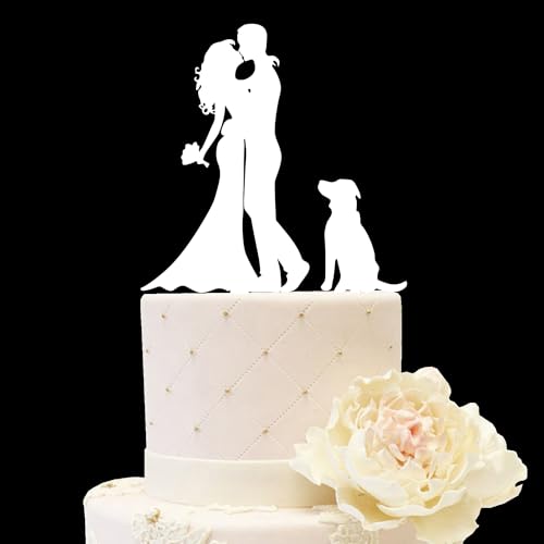 iEventStar Acryl Hochzeitstortenaufsatz für Braut und Bräutigam mit einem Hund Party Kuchen Dekoration (Paar mit 1 Hund, Weiß) von iEventStar