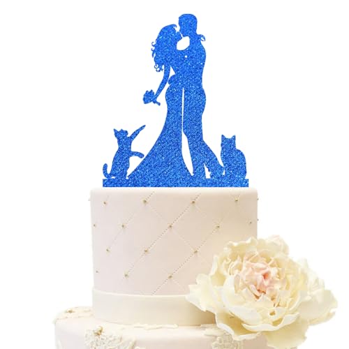 iEventStar Braut und Bräutigam Hochzeitstorte Topper Hochzeitsdekoration mit zwei Katzen Partydekorationen aus Acryl (Paar mit 2 Katzen, Glitzerblau) von iEventStar