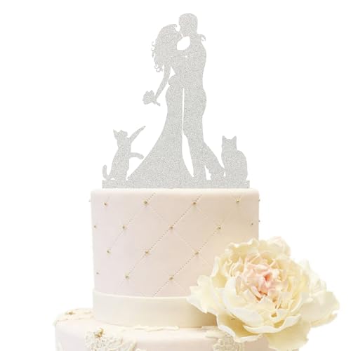 iEventStar Braut und Bräutigam Hochzeitstorte Topper Hochzeitsdekoration mit zwei Katzen Partydekorationen aus Acryl (Paar mit 2 Katzen, Glitzersilber) von iEventStar