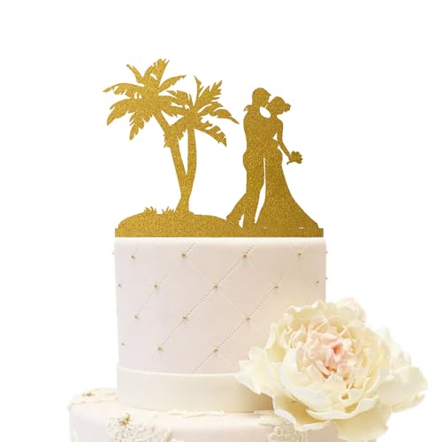 iEventStar Brautpaar mit Baum, Hochzeitstortenaufsatz, Brautparty, Jahrestag, Kuchendekoration, Hochzeitstortendekorationen (Hochzeitsbaum 1, glitzerndes Gold) von iEventStar