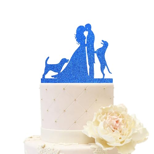 iEventStar Hochzeit Tortenaufsatz mit zwei Hunden Party Dekoration aus Acryl Silhouette Paar Kuchendekoration küssen (Paar mit 2 Hunden, Glitzerblau) von iEventStar