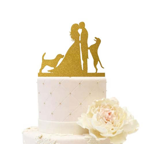 iEventStar Hochzeit Tortenaufsatz mit zwei Hunden Party Dekoration aus Acryl Silhouette Paar Kuchendekoration küssen (Paar mit 2 Hunden, Glitzergold) von iEventStar