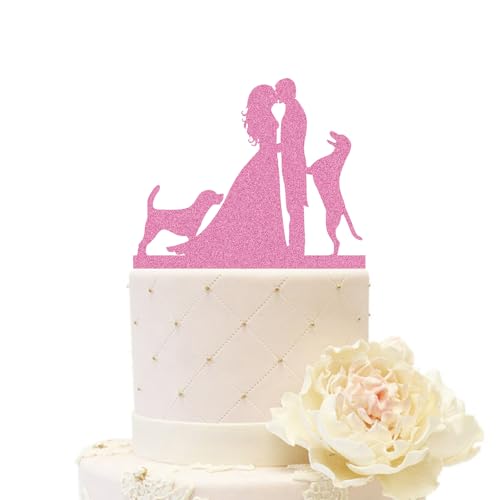 iEventStar Hochzeit Tortenaufsatz mit zwei Hunden Party Dekoration aus Acryl Silhouette Paar Kuchendekoration küssen (Paar mit 2 Hunden, Glitzerrosa) von iEventStar