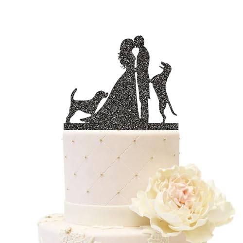 iEventStar Hochzeit Tortenaufsatz mit zwei Hunden Party Dekoration aus Acryl Silhouette Paar Kuchendekoration küssen (Paar mit 2 Hunden, Glitzerschwarz) von iEventStar