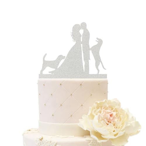 iEventStar Hochzeit Tortenaufsatz mit zwei Hunden Party Dekoration aus Acryl Silhouette Paar Kuchendekoration küssen (Paar mit 2 Hunden, Glitzersilber) von iEventStar