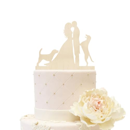 iEventStar Hochzeit Tortenaufsatz mit zwei Hunden Party Dekoration aus Acryl Silhouette Paar Kuchendekoration küssen (Paar mit 2 Hunden, Holz) von iEventStar