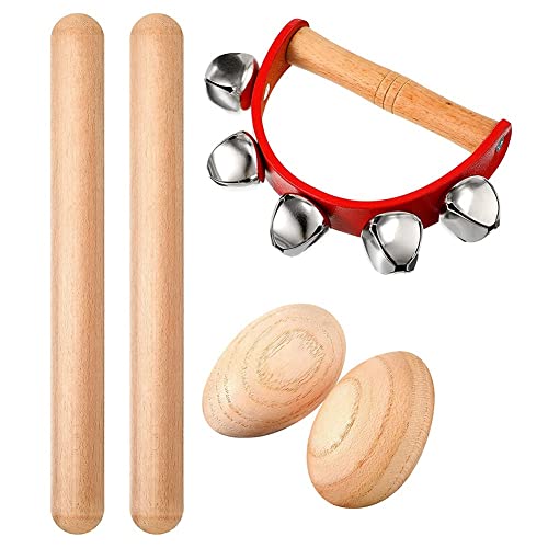 iFutniew Musik-Percussion-Instrumenten-Set, Rhythmus-Sticks + Holz-Eier-Shaker + Tamburin-Schellenglocke, für Weihnachten, Kinderparty von iFutniew