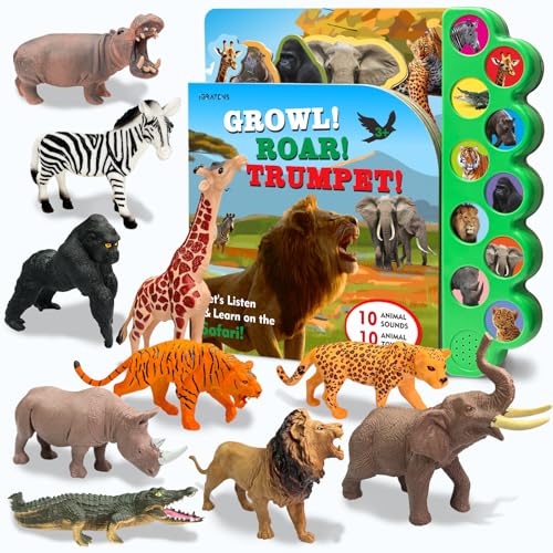 iGRATENS Safari-Tier-Figuren, Spielzeug mit Klangbüchern, realistische Dschungeltier-Figuren und Safari-Tier-Buch mit 10 Tasten, Zoo-Tierspielzeug, Lernspielzeug für Jungen und Mädchen ab 3 Jahren, 10 von iGRATENS