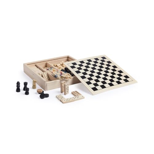 iGlobalmarket Brettspiel-Set aus Holz, mit Mikado, Schach, Damen und Domino in Holzbox mit Deckel, tragbar, für Kinder und Erwachsene von iGlobalmarket