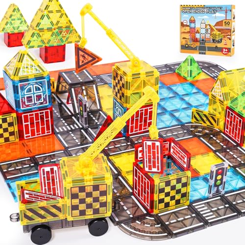 iKidiki Magnetische Bausteine, 50 Teile Magnetbausteine ab 3 4 5 6 Jahre Magnetspielzeug Magnet Bausteine für Kinder Magnetic Building Blocks Magnetische Bauwelt Fahrzeuge Geschenk Junge Mädchen von iKidiki