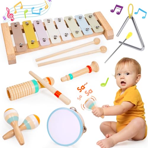 iKidiki Musikinstrumente für Kinderspielzeug ab 1 2 3 Jahre, Holzspielzeug ab 1 2 3 Jahr Kleinkind-Musikinstrumente Montessori Instrumente Trommel Musikspielzeug Geschenk für Kinder von iKidiki