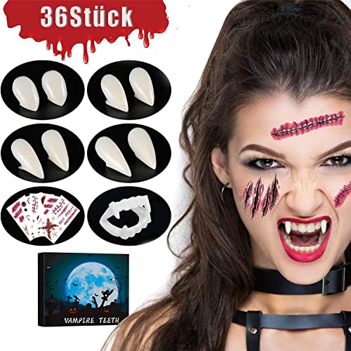 36 Stück Vampirzähne Set mit 4 Paar Größen Custom Fangs Vampire Zähne，1 stück vampirzähne(40 mm)，1 Rohr Zähne Pellets Klebstoff und 30 Tattoos Narben für Cosplay Party Requisiten Halloween Party von iLuane