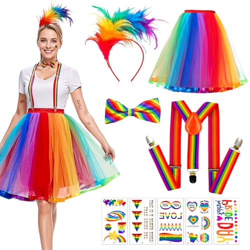 Regenbogen Tüllrock Kostüm Damen Set, 80er Jahre Kostüm Accessoires mit Bunt Feder Stirnband, Bow Tie, Y-Hosenträger und Regenbogen tattoos für Karneval Vintage Partys und Mottoparty von iLuane