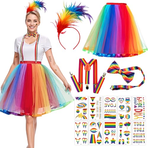 Regenbogen Tüllrock Kostüm Damen Set, 80er Jahre Kostüm Accessoires mit Bunt Feder Stirnband, Bow Tie, Y-Hosenträger und Regenbogen tattoos für Karneval Vintage Partys und Mottoparty von iLuane