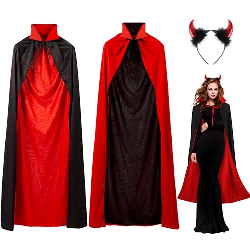 Umhang Schwarz Rot Vampir Teufel Kostüm Cape Zauberer Mit Tod Kultfaktor Hexe Umhang für Kinder or Erwachsene Halloween Kostüm Mantel Umhang 150cm, 30 Temporäre Tattoos, Dentures, Teufel hörner von iLuane