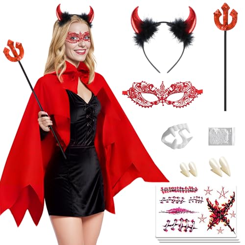 iLuane Teufel Kostüm Damen, Faschingskostüme Frauen Damen Teufel, 150 cm Teufel Umhang Damen, mit 1x Teufelswinkel, für Karneval Masquerade, Halloween, Cosplay von iLuane