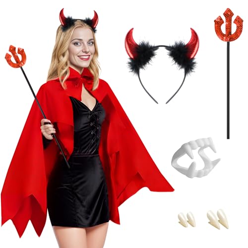 iLuane Teufel Kostüm Damen, Faschingskostüme Frauen Damen Teufel, 150 cm Teufel Umhang Damen, mit 1x Teufelswinkel, für Karneval Masquerade, Halloween, Cosplay von iLuane