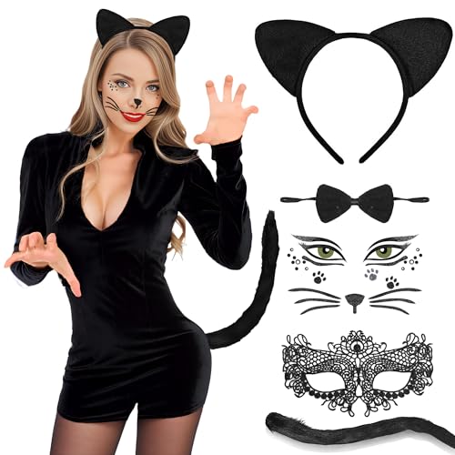 iLuane Katzenohren Haarreif Katzenkostüm Damen, Katze KostüM Cat Ears für Damen, Frauen, Mädchen. Karneval Bereit! Charmantes Katzenkostüm-Set: Zeigen Sie Ihre Glanzvolle Katzenattraktivität! von iLuane