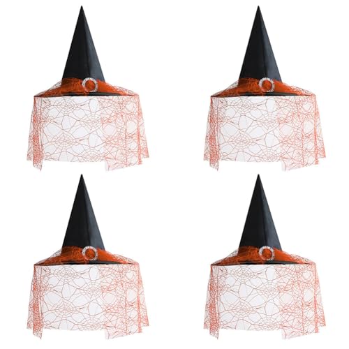 iSpchen 4 Stück Hexenhut Halloween Party Hexen Hüte Schleierhut breiter Krempe Spitzmütze Rollenspielhut Zauberhut für Erwachsene Kinder Halloween Party Maskerade Zubehör,orange von iSpchen