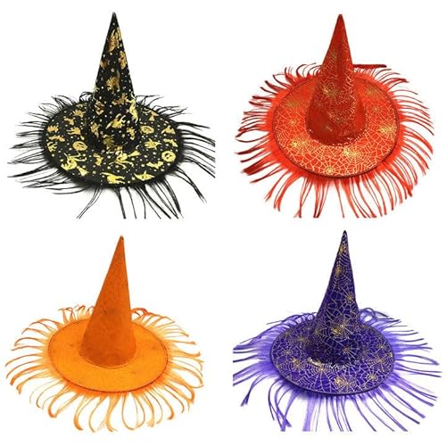 iSpchen 4 Stück Hexenhut Halloween Party Hexen Hüte Schleierhut mit Haarquaste breiter Krempe Spitzmütze Zauberhut für Erwachsene Kinder Halloween Party Maskerade Zubehör,#4 von iSpchen